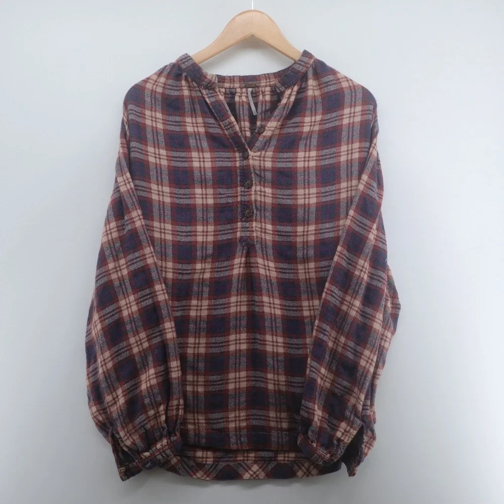 Free People Plaid Henley Top Womens Small Burgundy Navy Good Boho Flannel